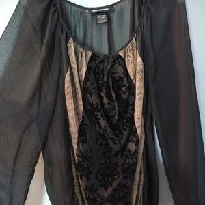 Ashley Stewart sheer black and gold keyhole blouse